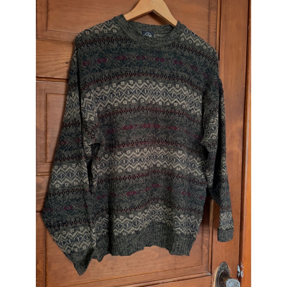 Dockers Mens Large Fair Isle Knit Crewneck Sweater Grey Eclectic Grandpa Grunge